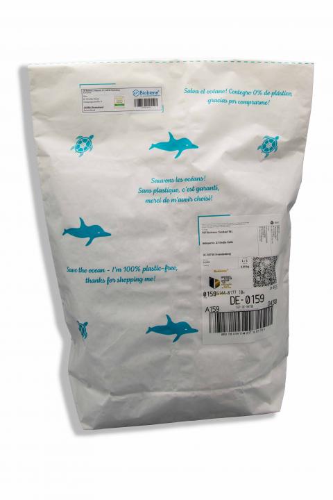 Save the Ocean Versandtasche aus Papier mit Delphin Druck. Umweltfreundlicher Briefumschlag als Versandmaterial nutzen.